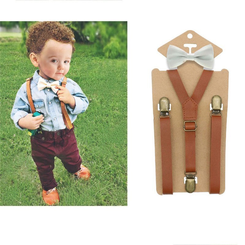 3-Clips-Y-Back-Kid-Brown-Tan-Leather-Suspender-And-Bow-Tie-Ring-Bearer-Bowtie-Set